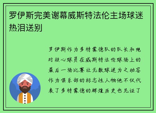 罗伊斯完美谢幕威斯特法伦主场球迷热泪送别 罗伊斯完美谢幕威斯特法伦主场球迷热泪送别